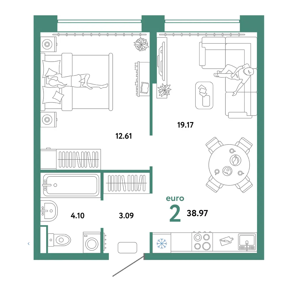 Планировка: Домашний 2-комнатная 38,97м²