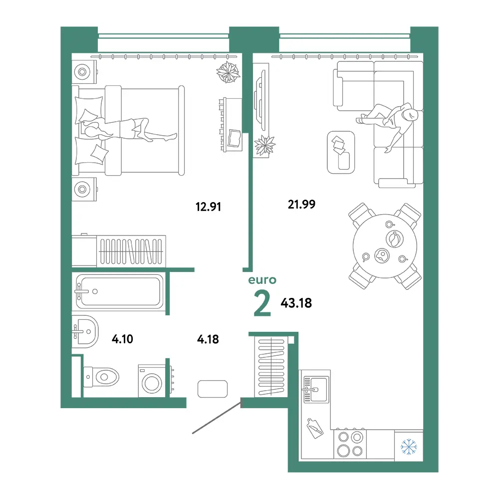 Планировка: Домашний 2-комнатная 43,18м²