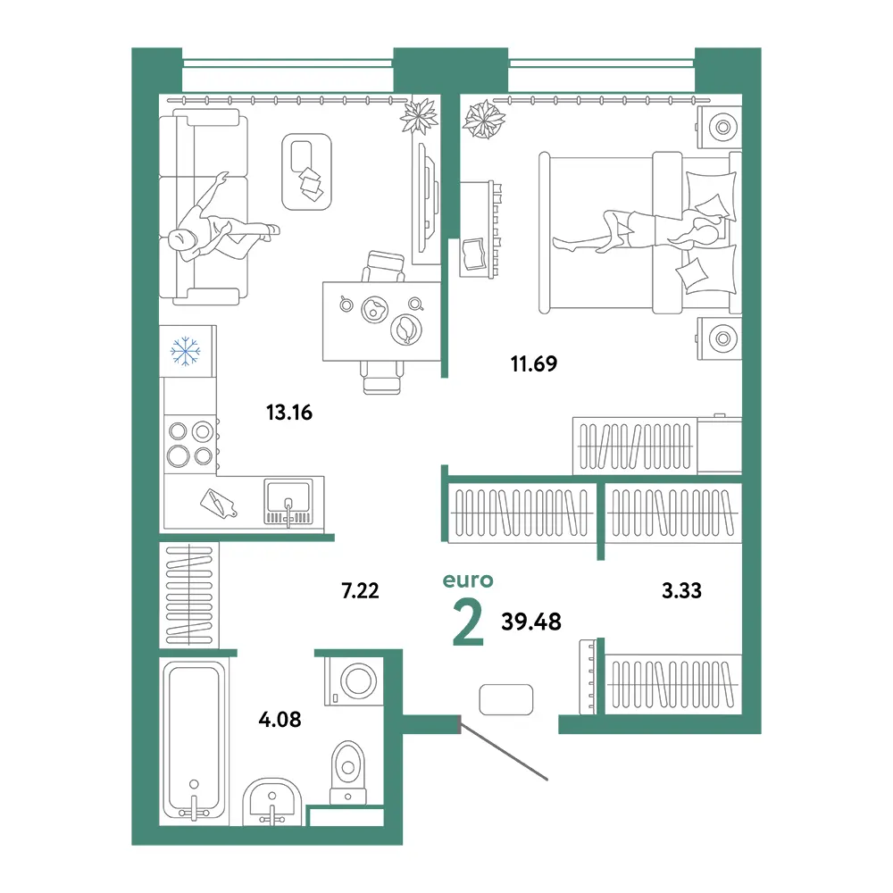 Планировка: Домашний 2-комнатная 39,48м²