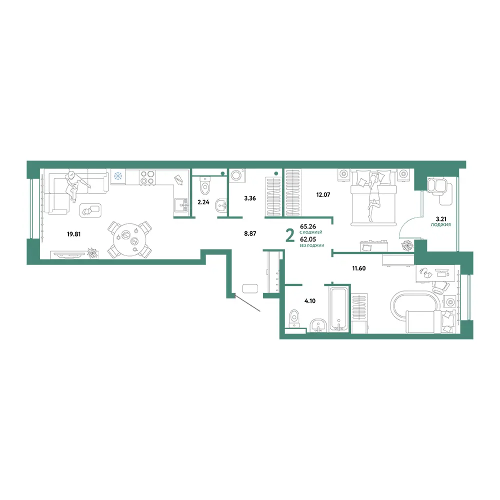Планировка: Домашний 2-комнатная 65,26м²