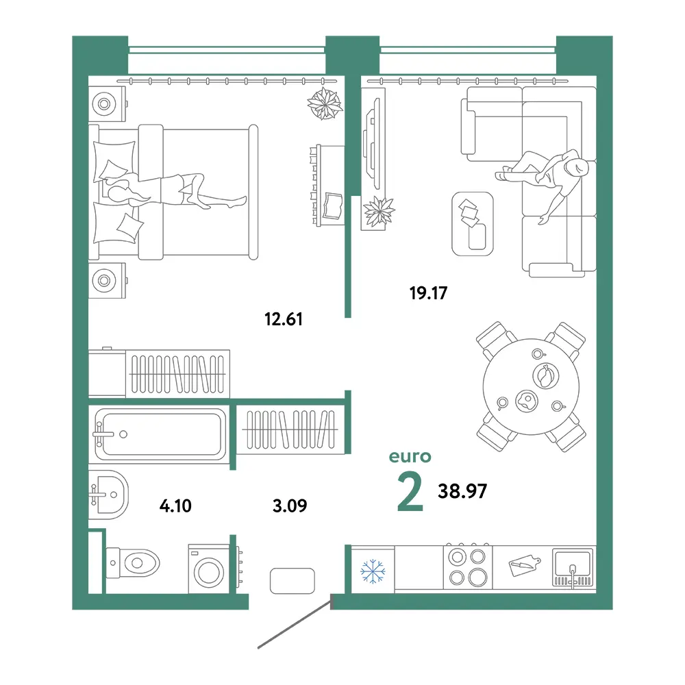 Планировка: Домашний 2-комнатная 38,97м²