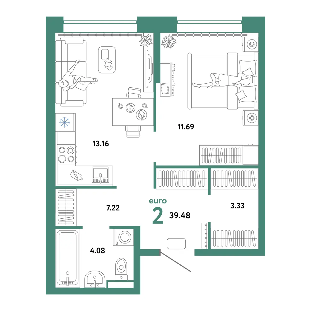 Планировка: Домашний 2-комнатная 39,48м²