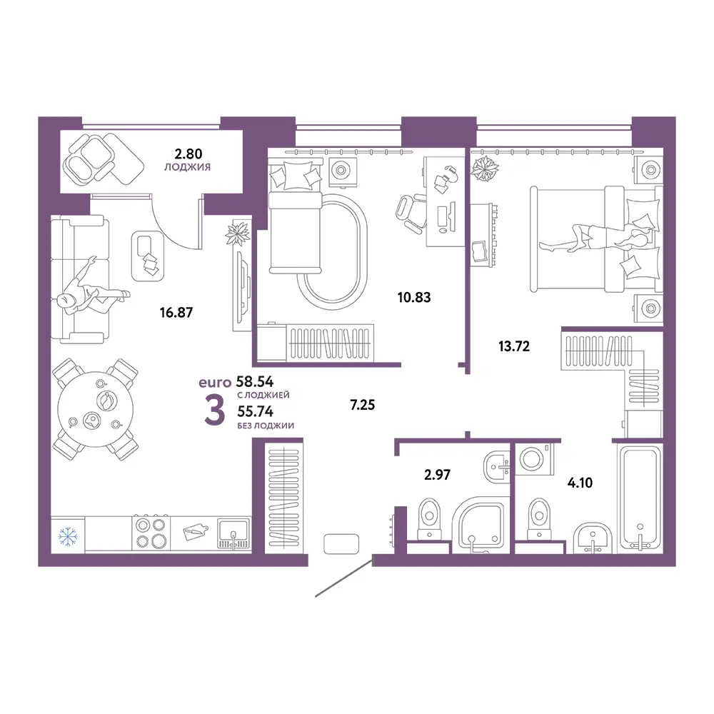 Планировка: Домашний 3-комнатная 58,54м²