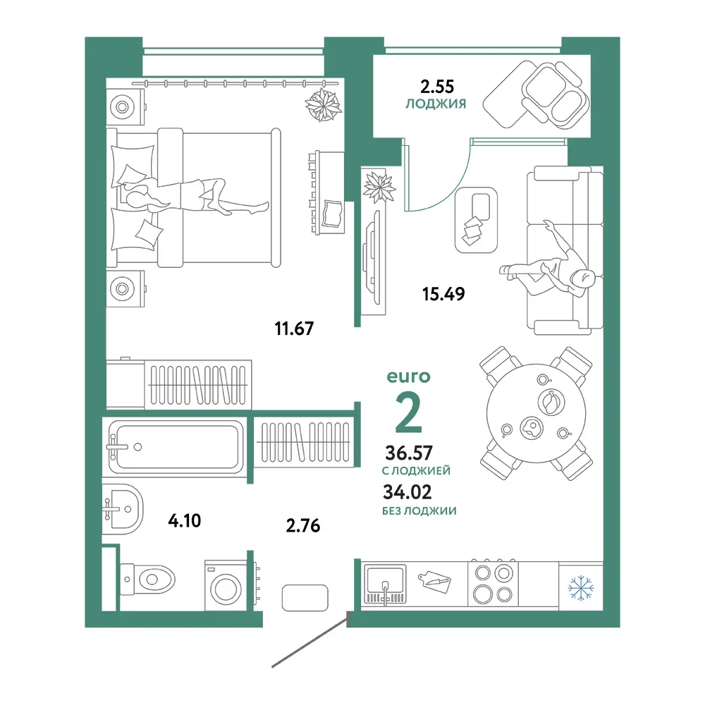 Планировка: Домашний 2-комнатная 36,57м²