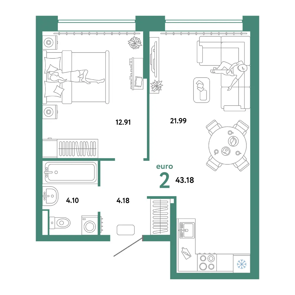 Планировка: Домашний 2-комнатная 43,18м²