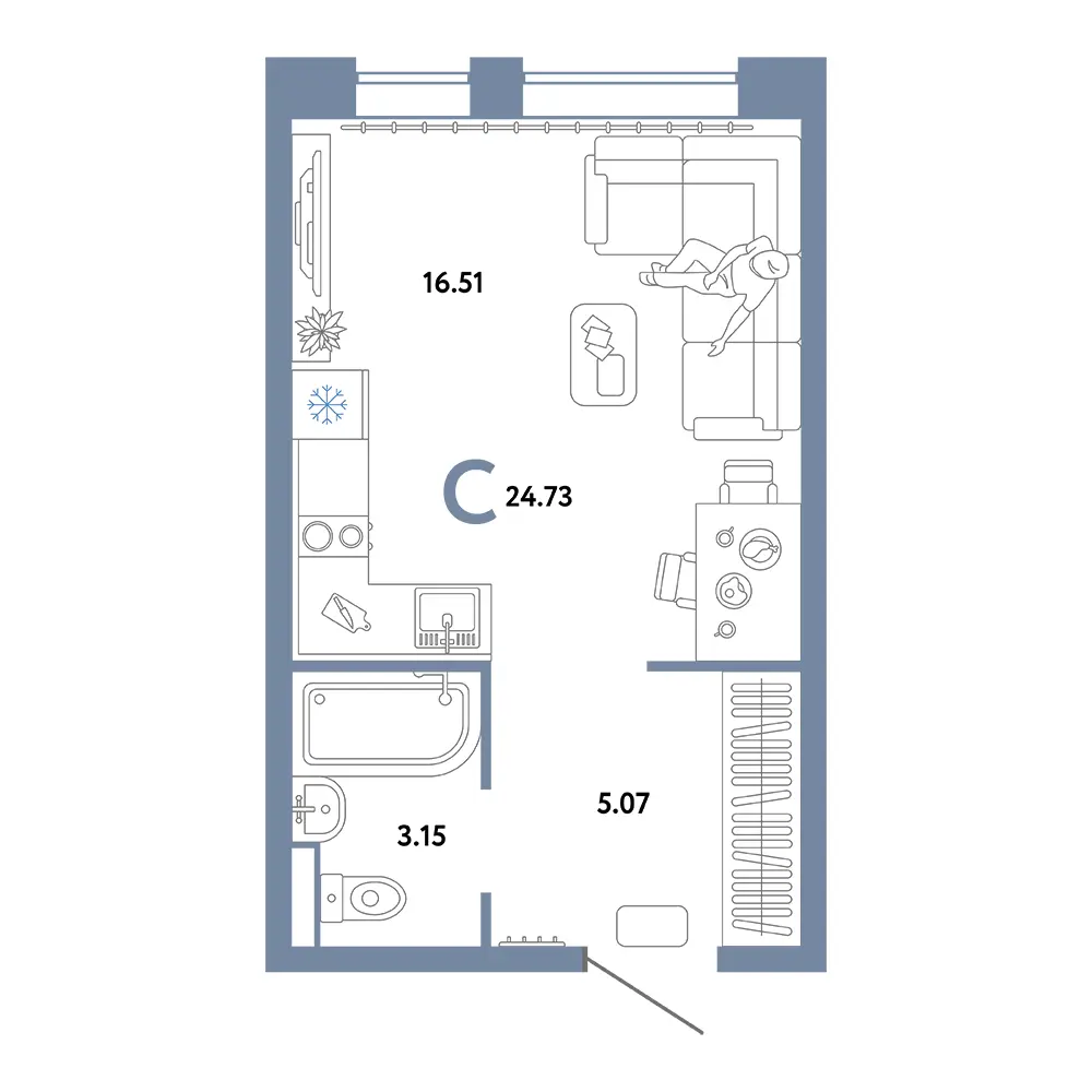 Планировка: Домашний Студия 24,73м²