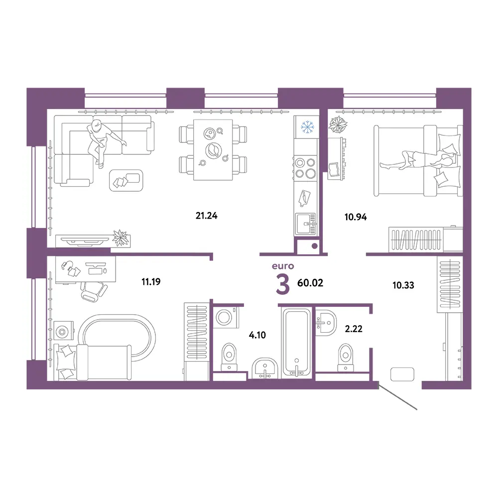 Планировка: Домашний 3-комнатная 60,02м²