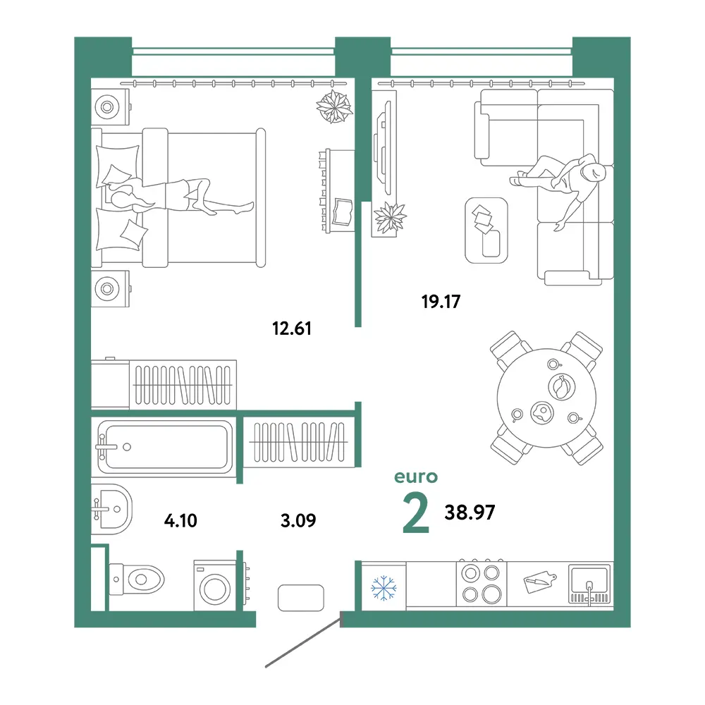 Планировка: Домашний 2-комнатная 38,97м²