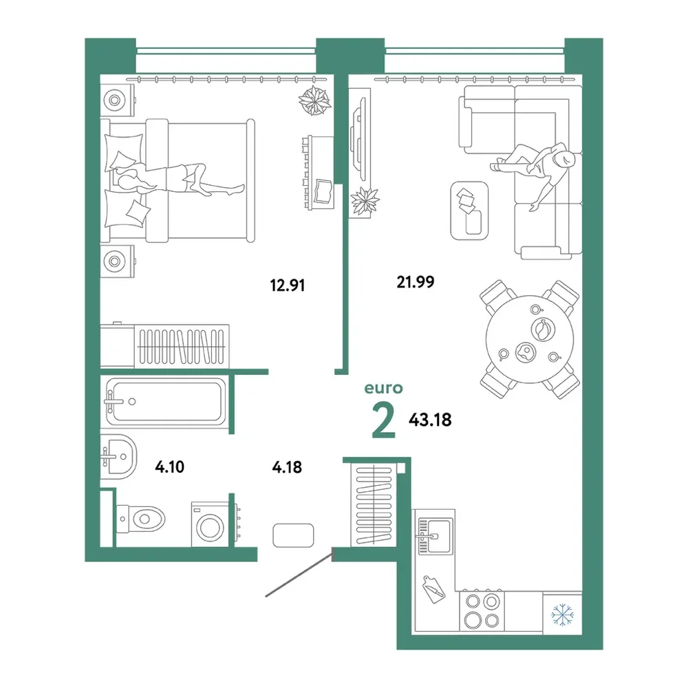 Планировка: Домашний 2-комнатная 43,18м²