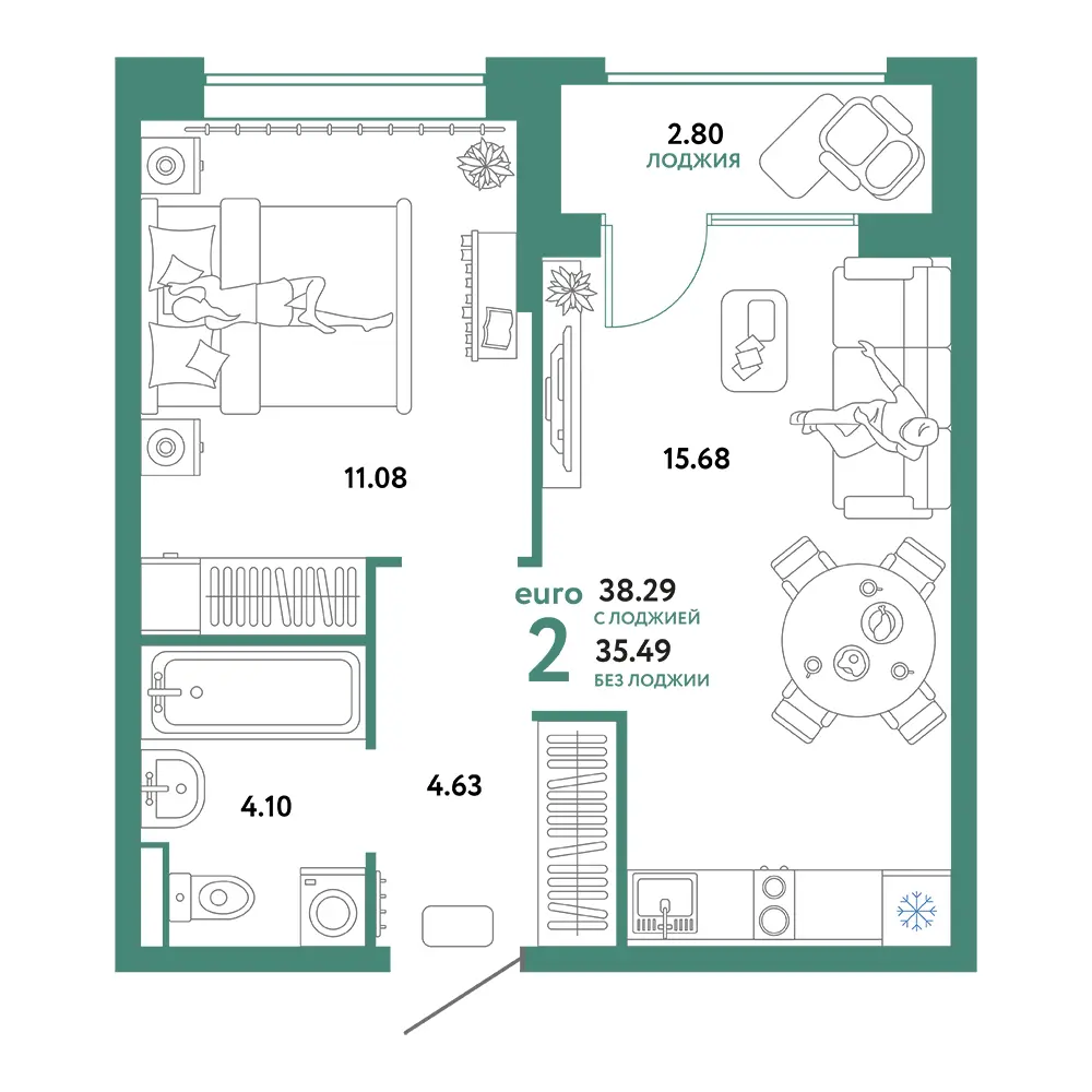Планировка: Домашний 2-комнатная 38,29м²