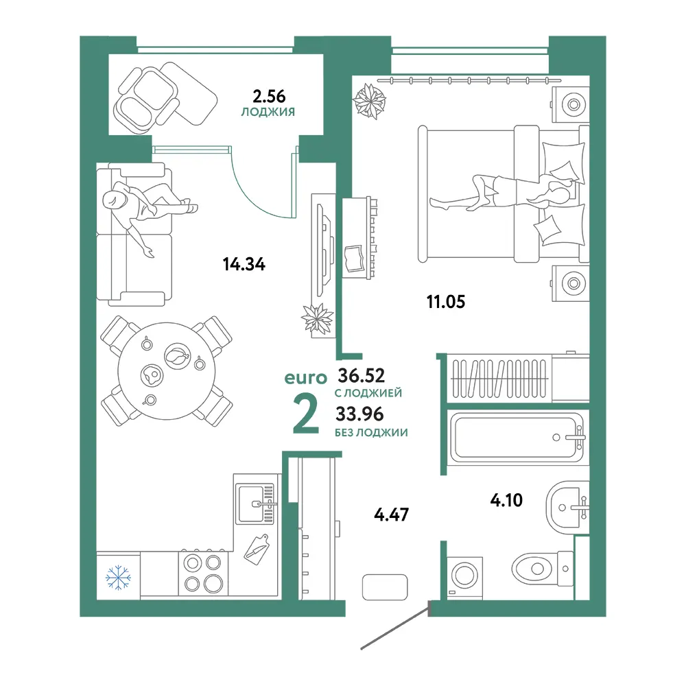 Планировка: Домашний 2-комнатная 36,52м²