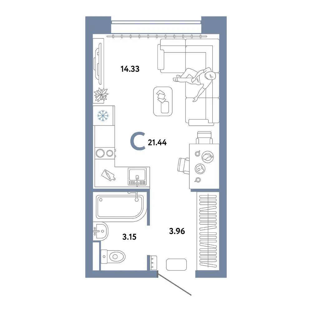 Планировка: Домашний Студия 21,44м²