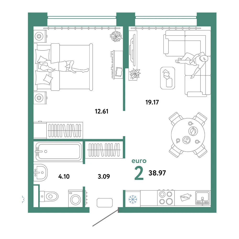 Планировка: Домашний 2-комнатная 38,97м²