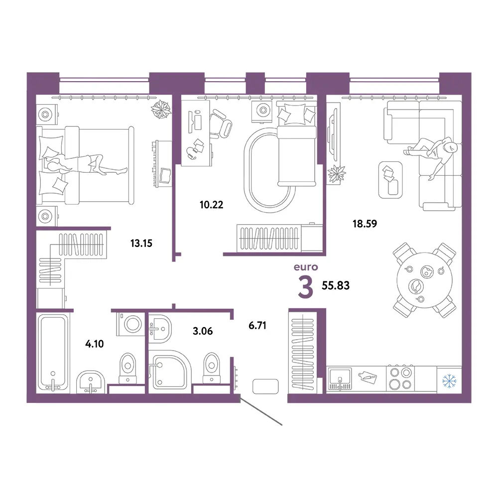 Планировка: Домашний 3-комнатная 55,83м²