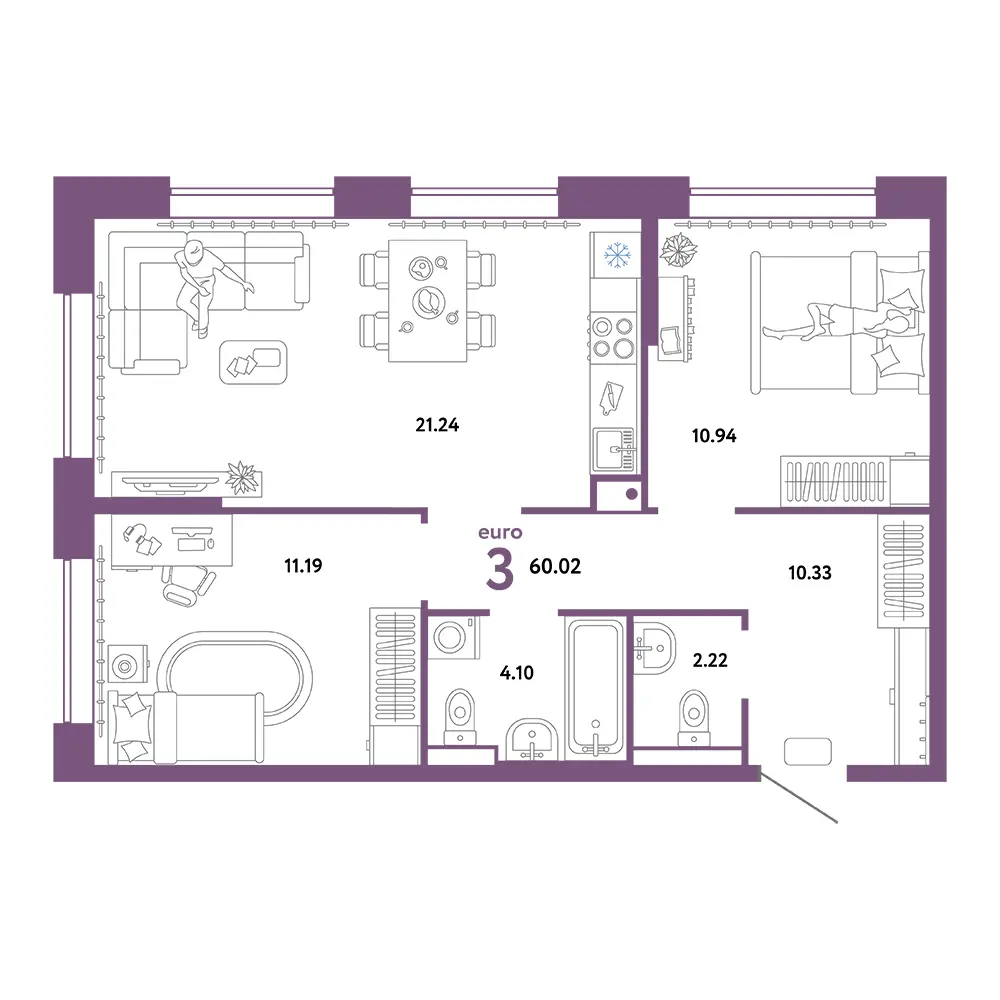 Планировка: Домашний 3-комнатная 60,02м²
