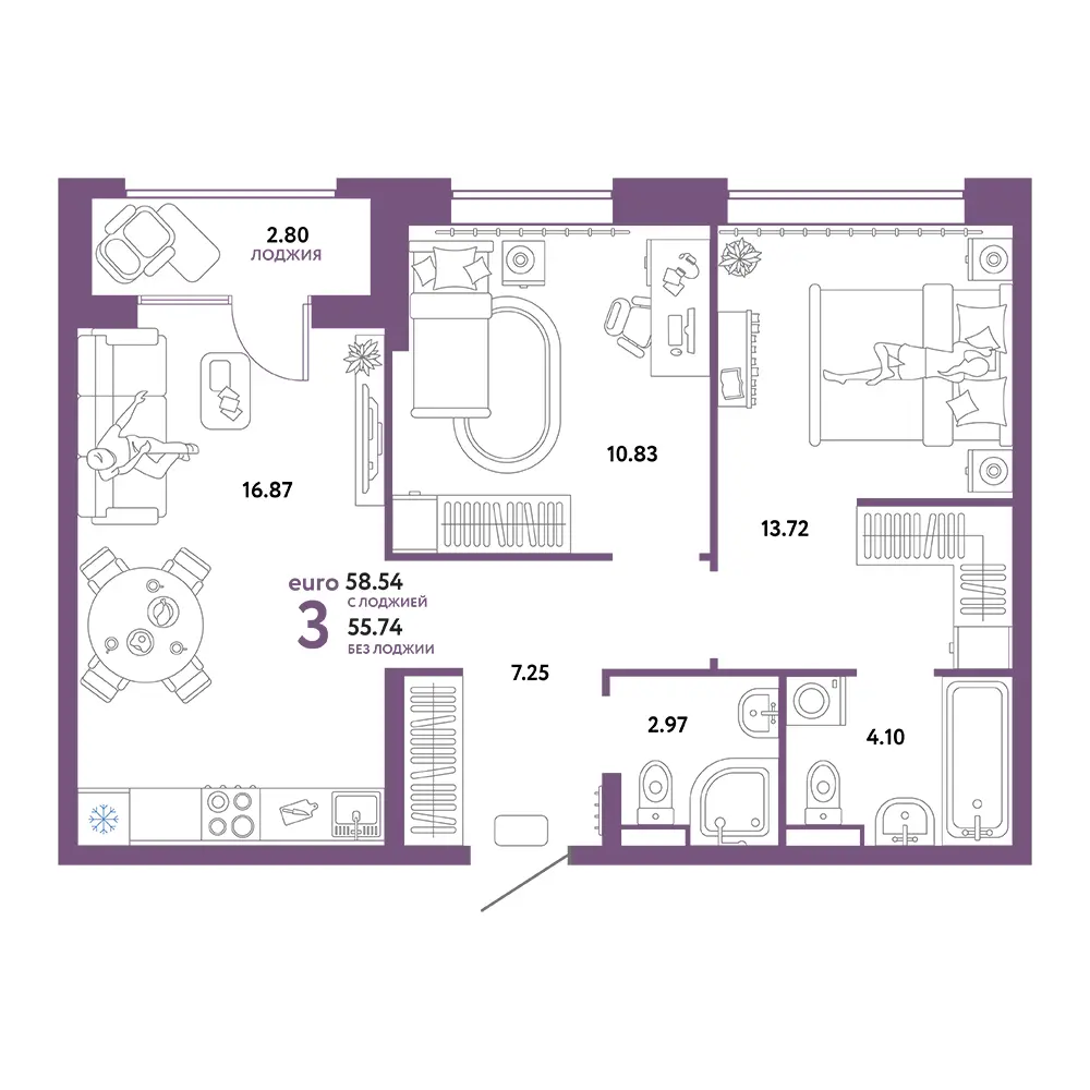 Планировка: Домашний 3-комнатная 58,54м²