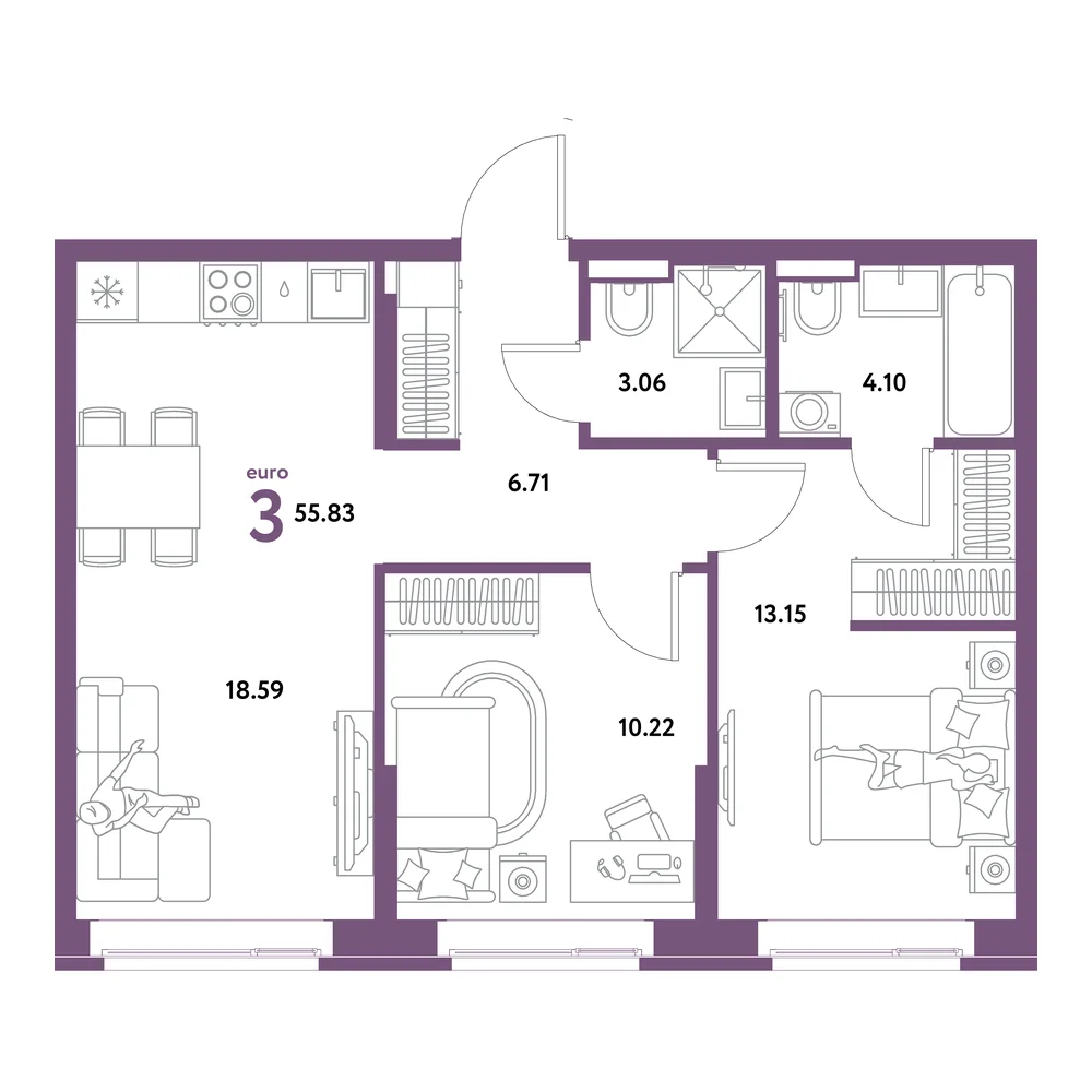 Планировка: Домашний 3-комнатная 55,83м²