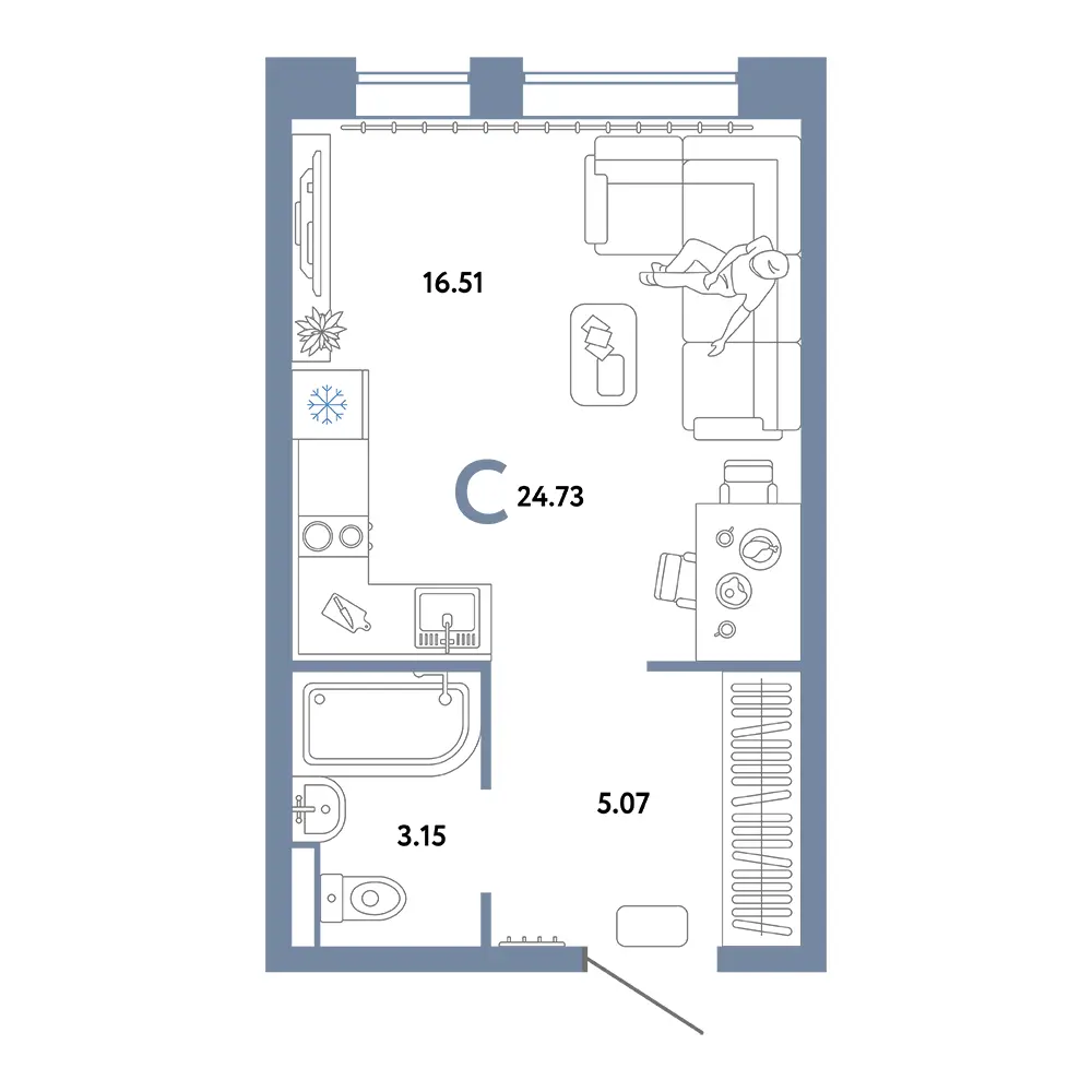 Планировка: Домашний Студия 24,73м²