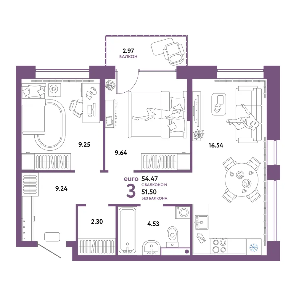 Планировка: Домашний 3-комнатная 54,47м²