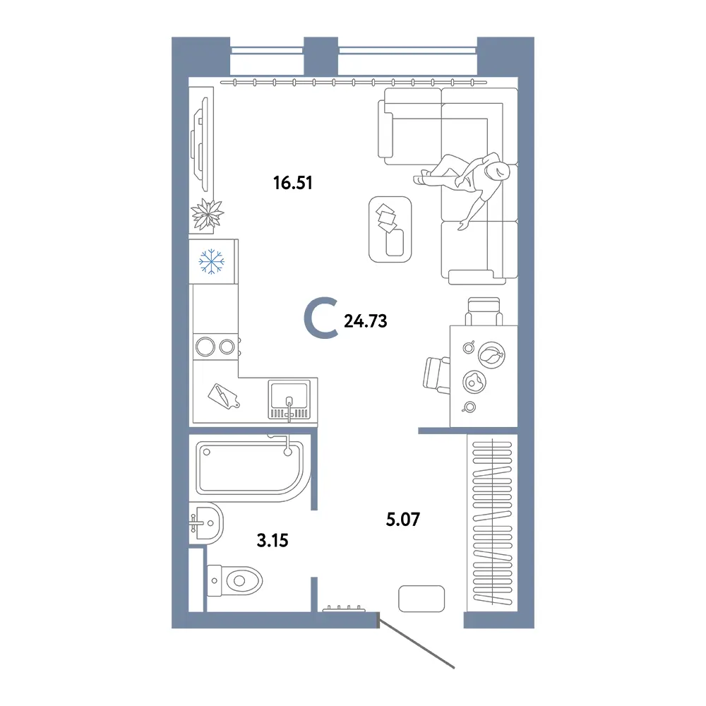 Планировка: Домашний Студия 24,73м²