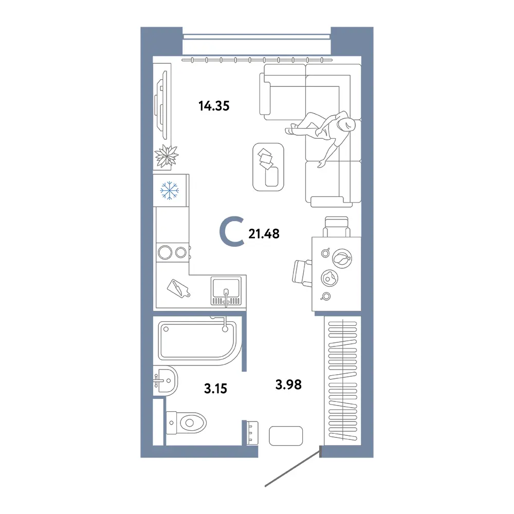 Планировка: Домашний Студия 21,48м²