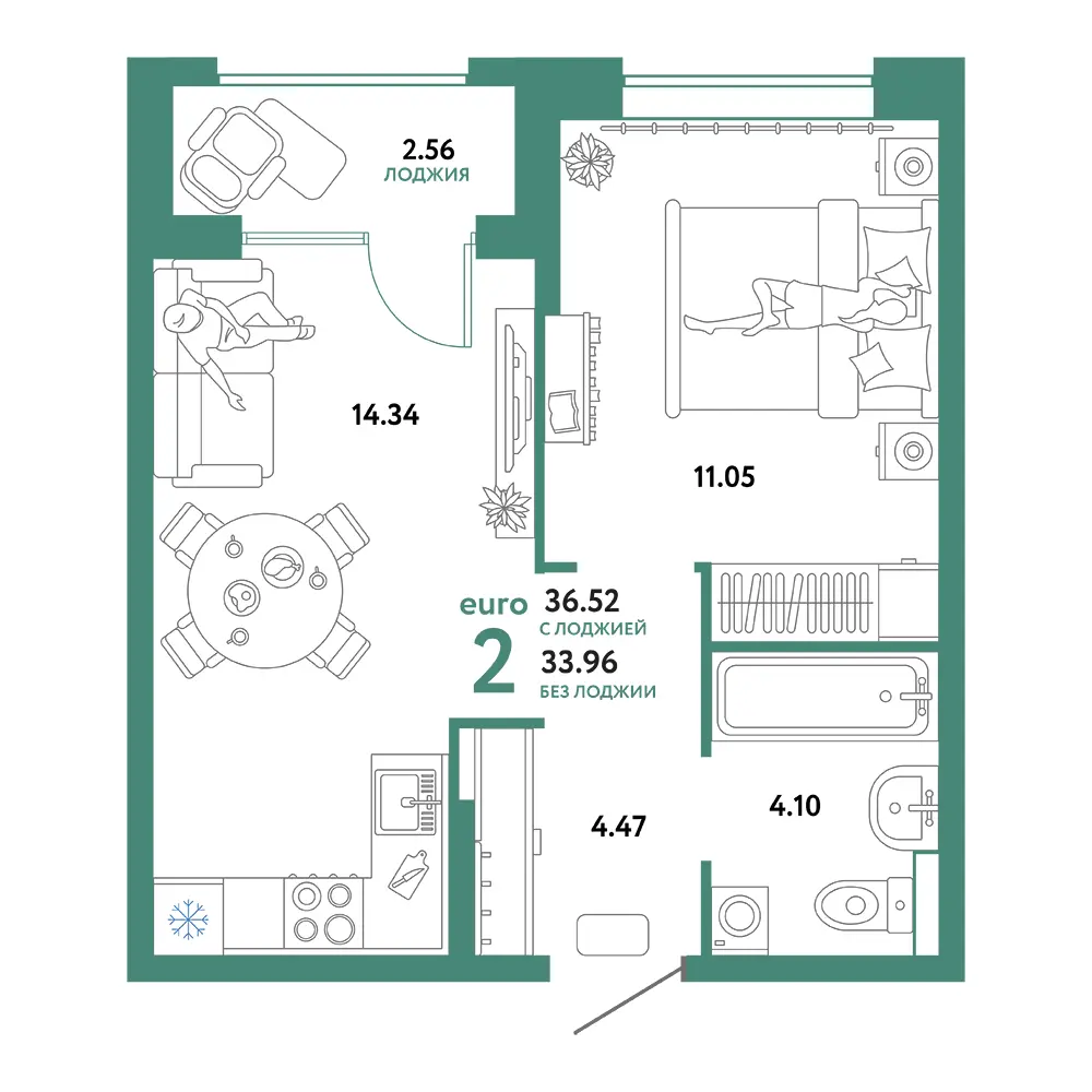 Планировка: Домашний 2-комнатная 36,52м²