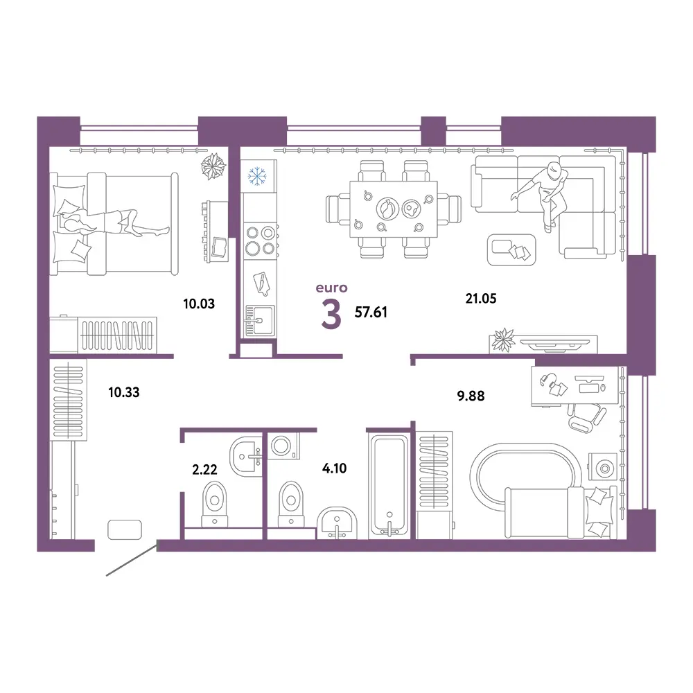 Планировка: Домашний 3-комнатная 57,61м²