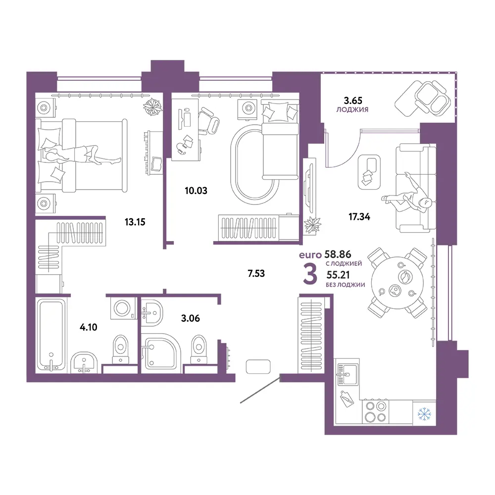 Планировка: Домашний 3-комнатная 58,86м²