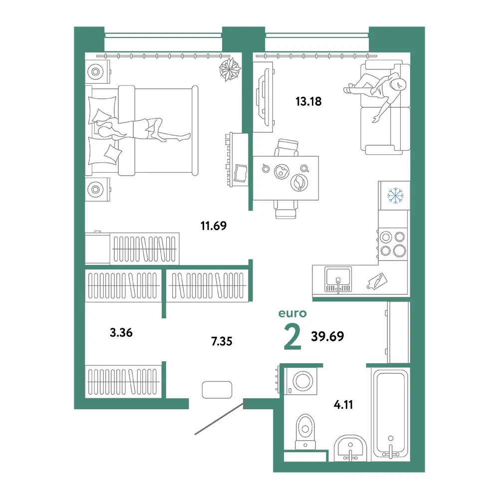 Планировка: Домашний 2-комнатная 39,69м²