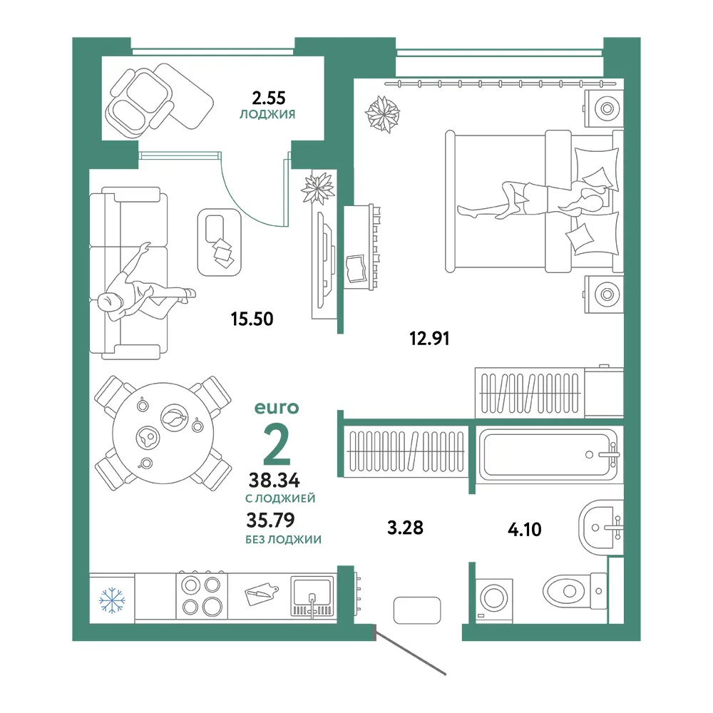 Планировка: Домашний 2-комнатная 38,34м²