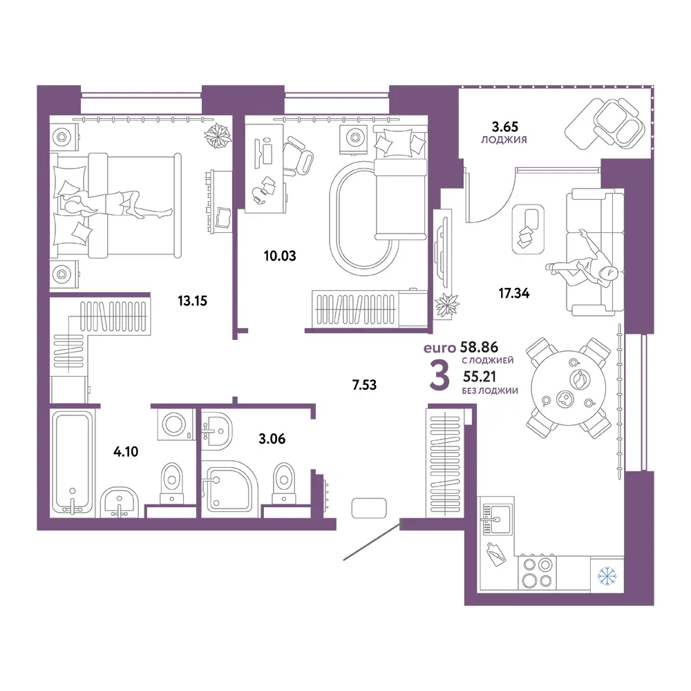 Планировка: Домашний 3-комнатная 58,86м²