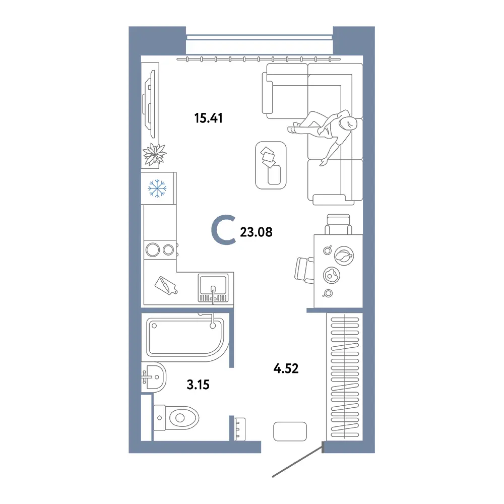 Планировка: Домашний Студия 23,08м²