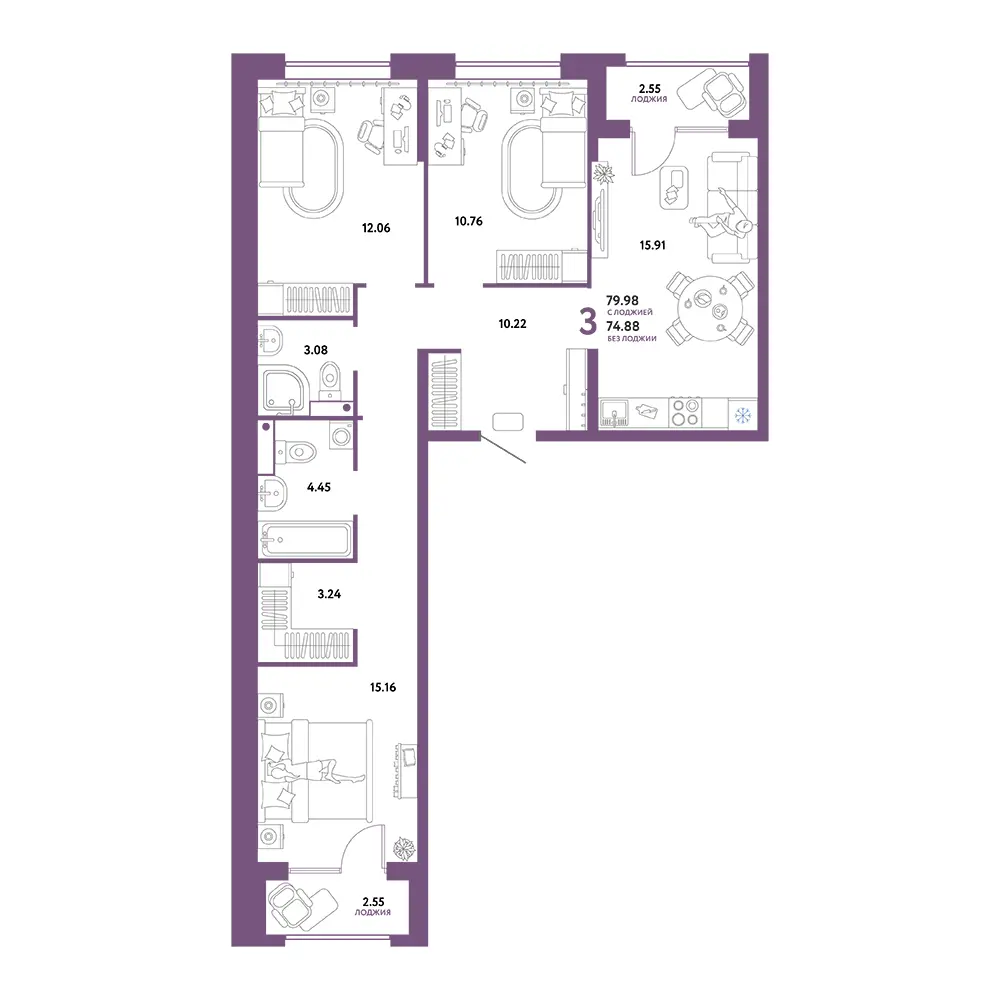 Планировка: Домашний 3-комнатная 79,98м²