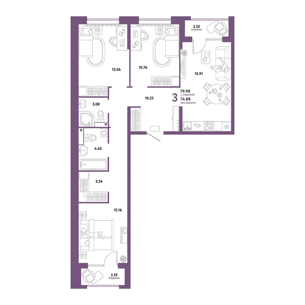 Планировка: Домашний 3-комнатная 79,98м²