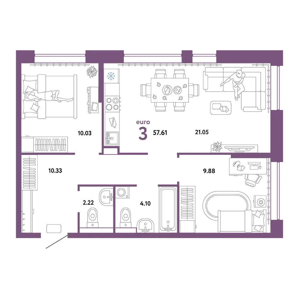 Планировка: Домашний 3-комнатная 57,61м²