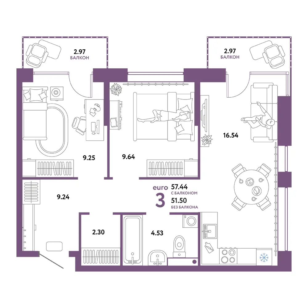 Планировка: Домашний 3-комнатная 57,44м²