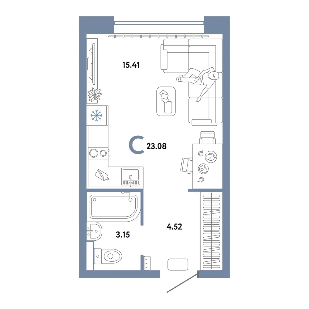 Планировка: Домашний Студия 23,08м²