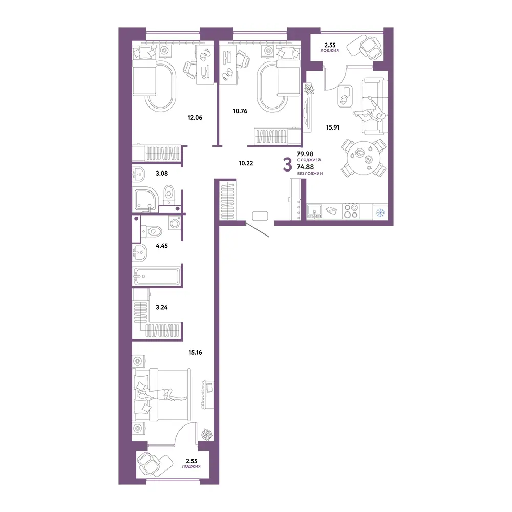 Планировка: Домашний 3-комнатная 79,98м²