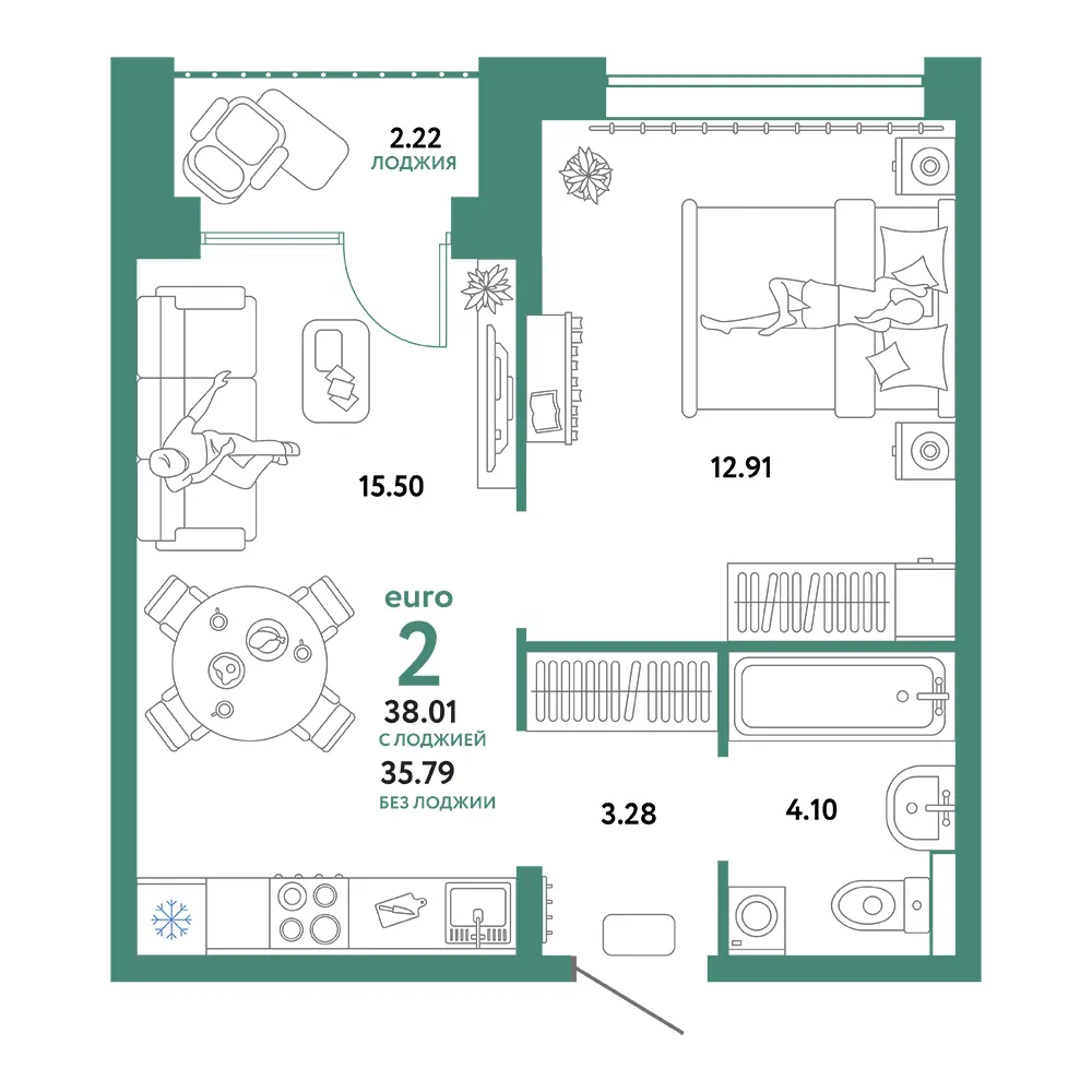 Планировка: Домашний 2-комнатная 38,01м²