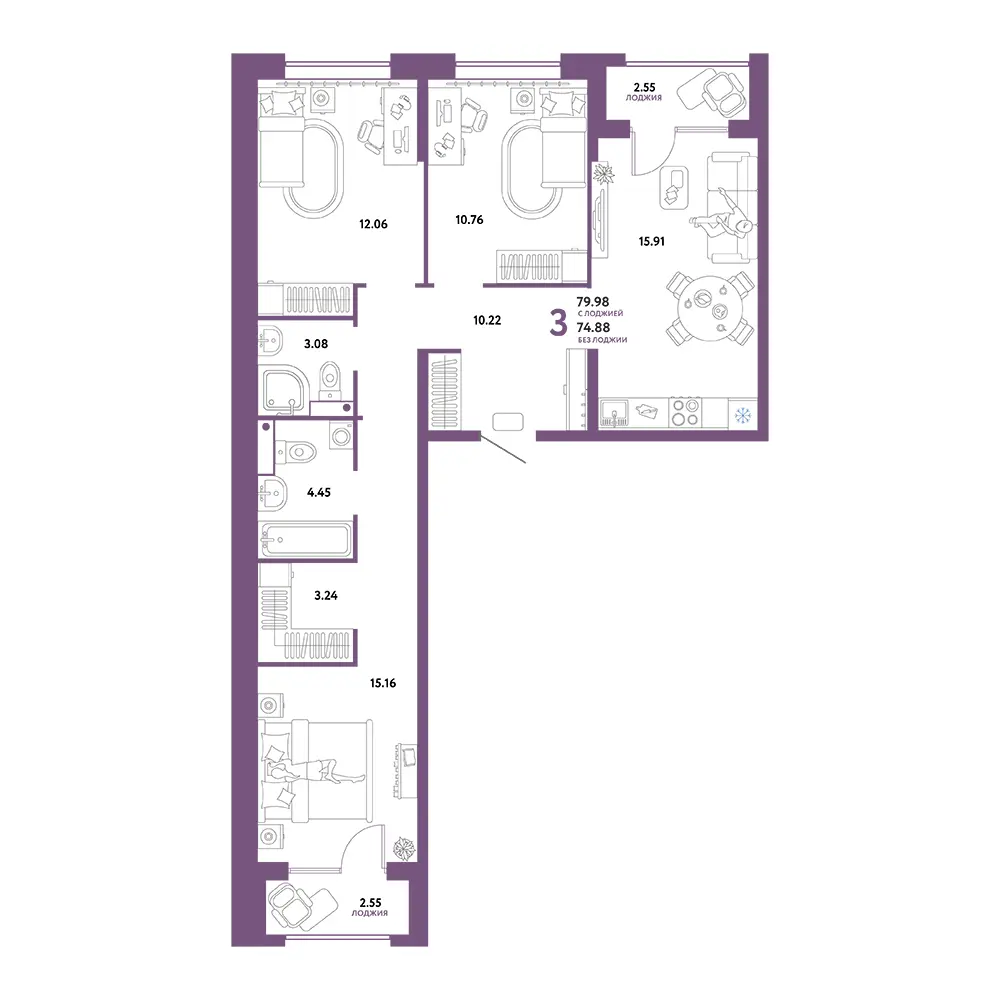 Планировка: Домашний 3-комнатная 79,98м²