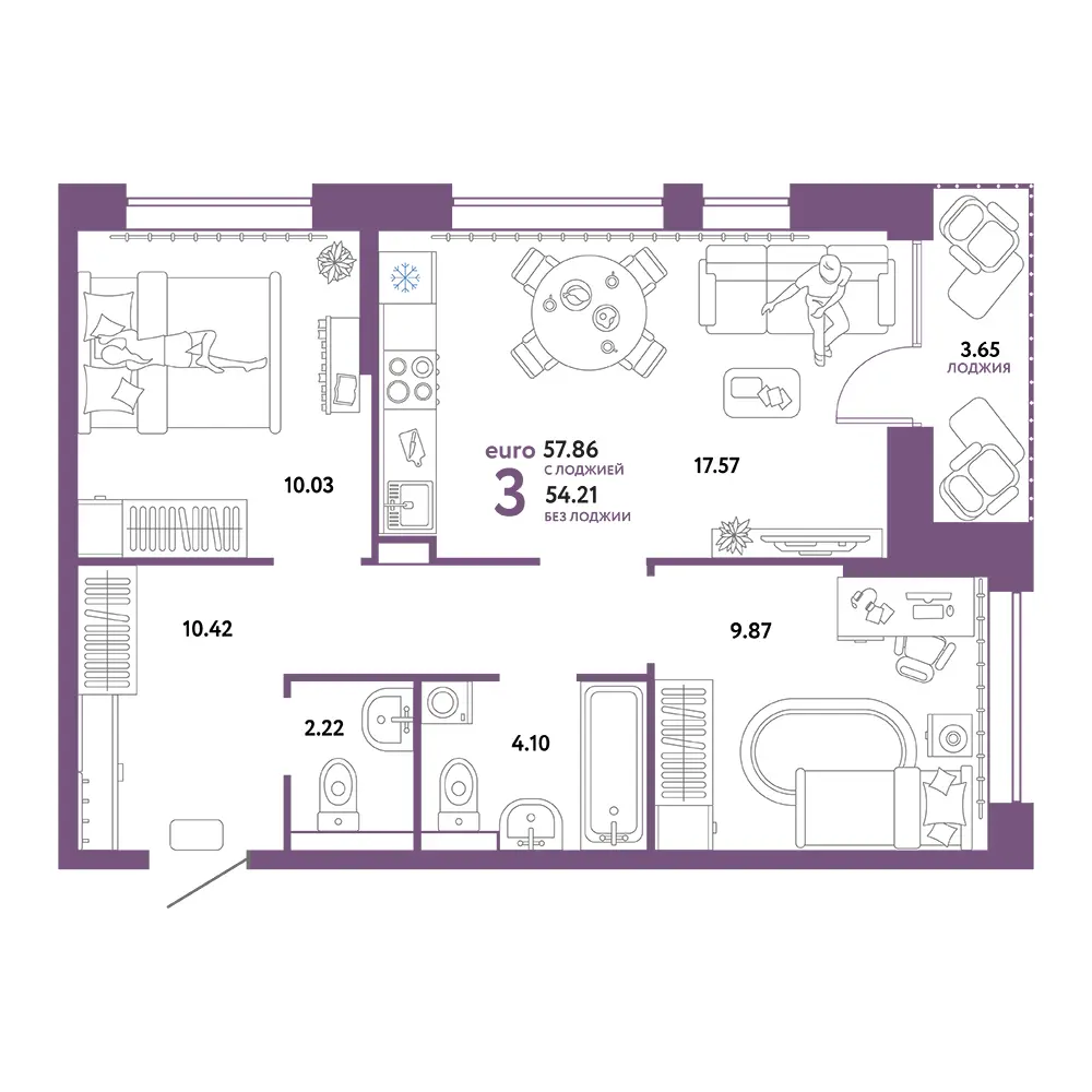Планировка: Домашний 3-комнатная 57,86м²