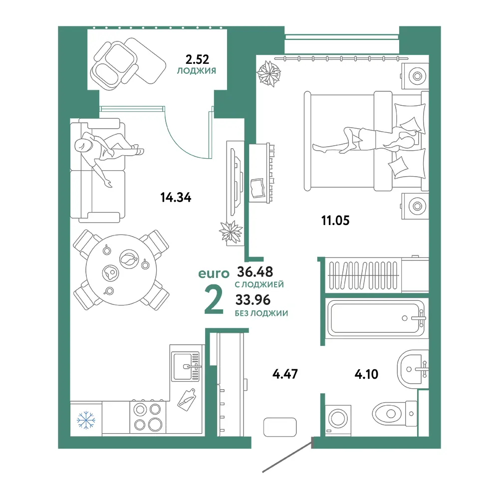 Планировка: Домашний 2-комнатная 36,48м²
