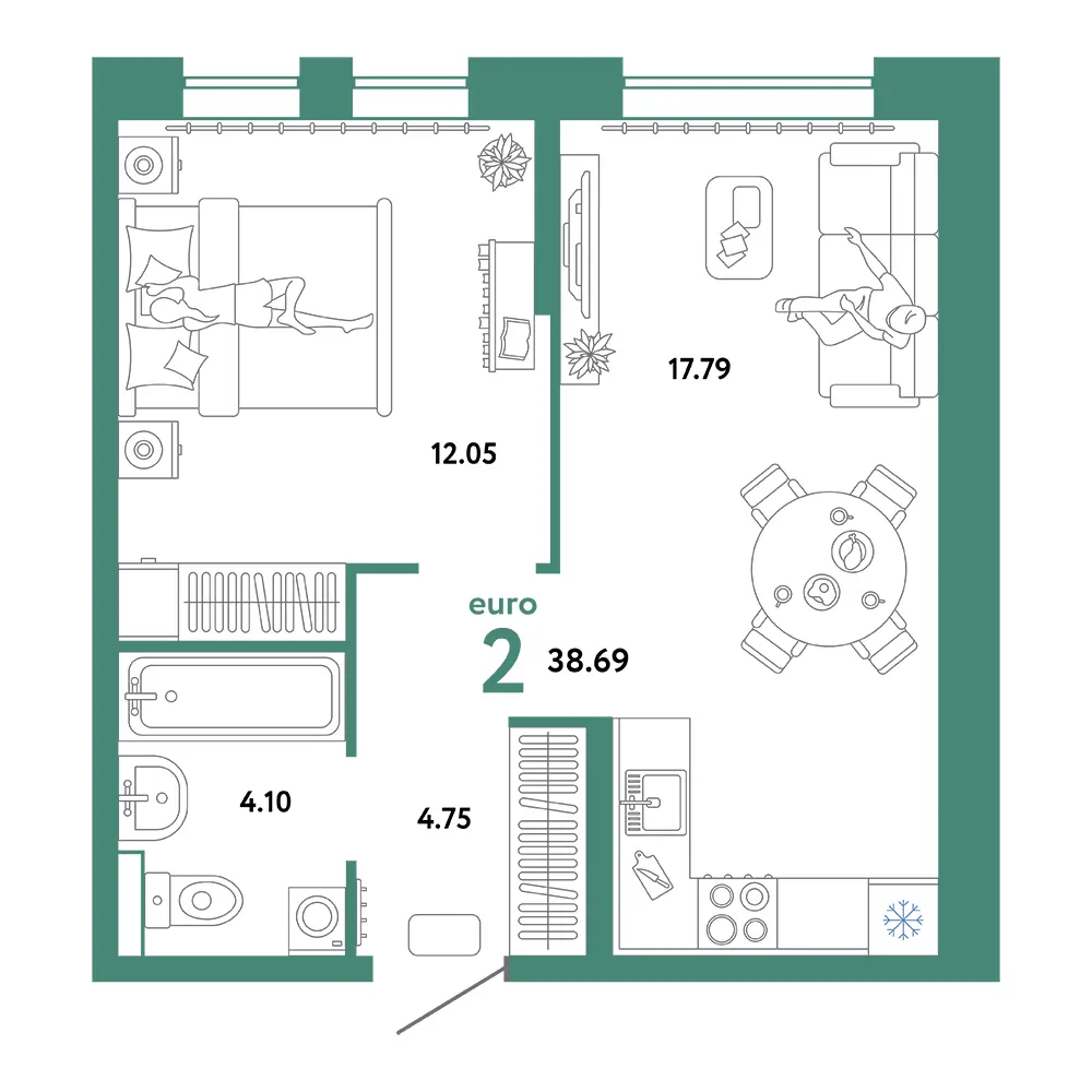 Планировка: Домашний 2-комнатная 38,69м²