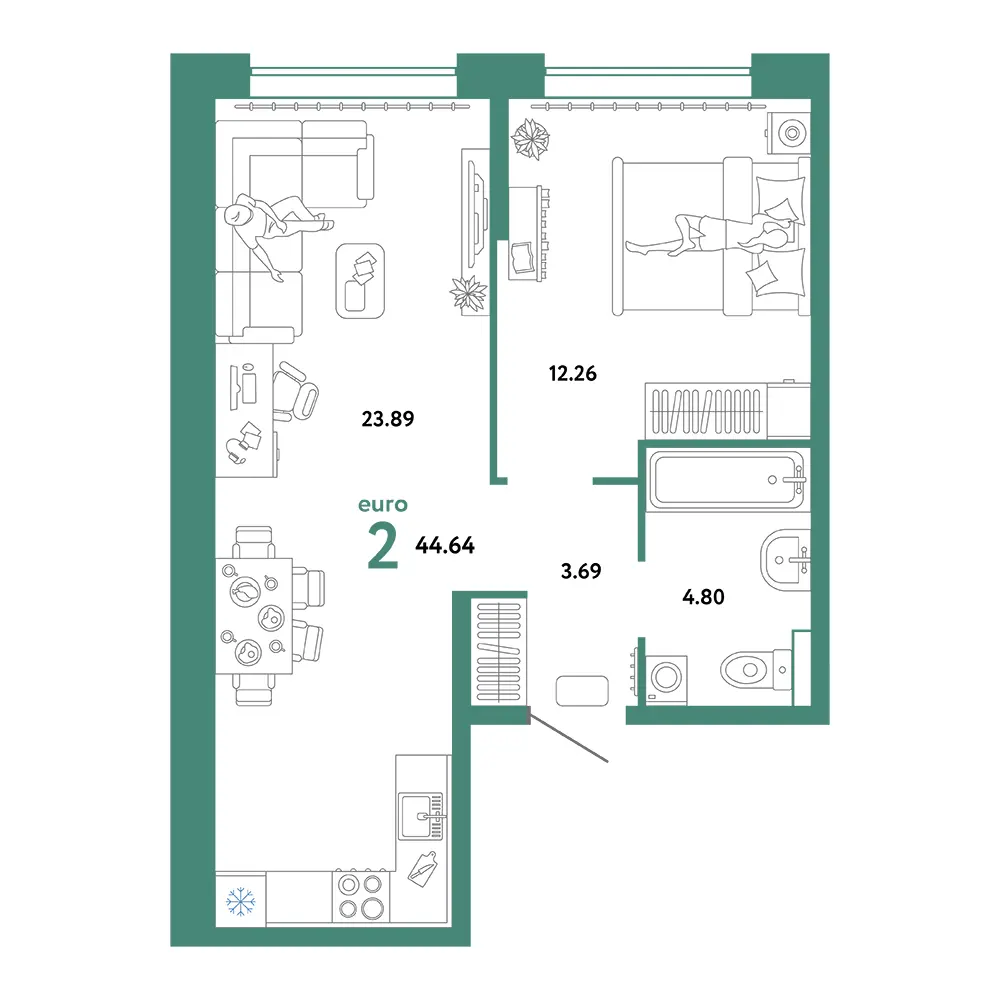 Планировка: Домашний 2-комнатная 44,64м²