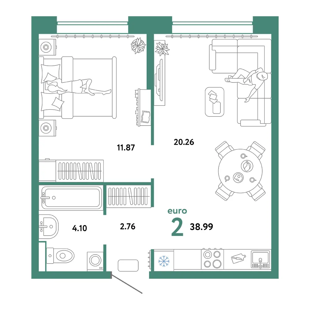 Планировка: Домашний 2-комнатная 38,99м²