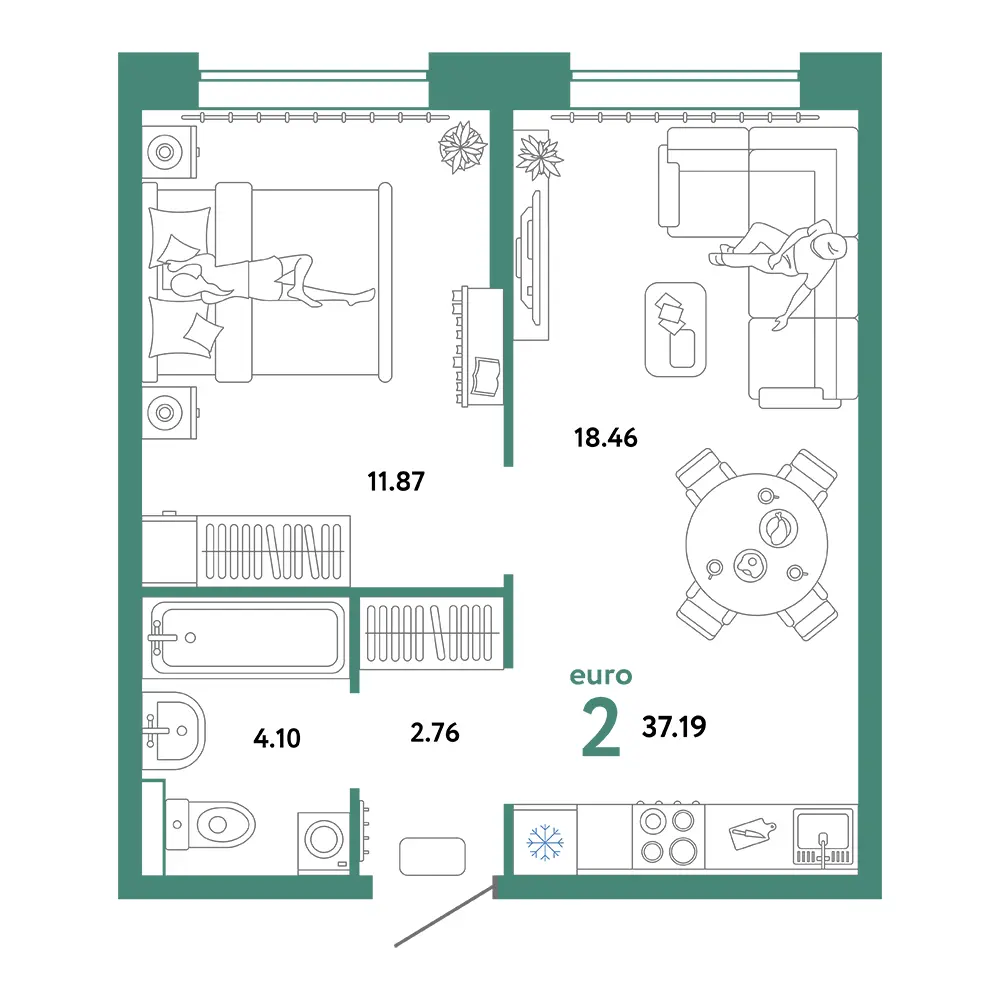 Планировка: Домашний 2-комнатная 37,19м²