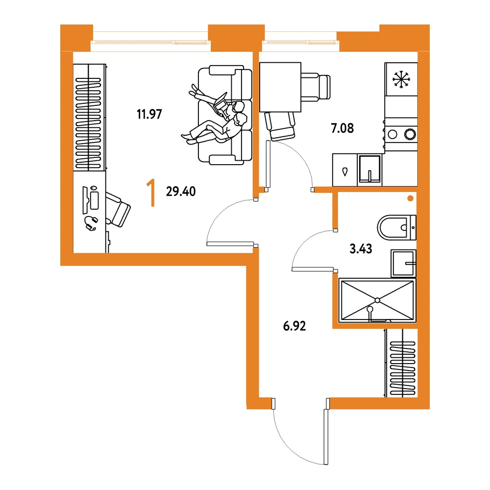 Планировка: Домашний 1-комнатная 29,40м²