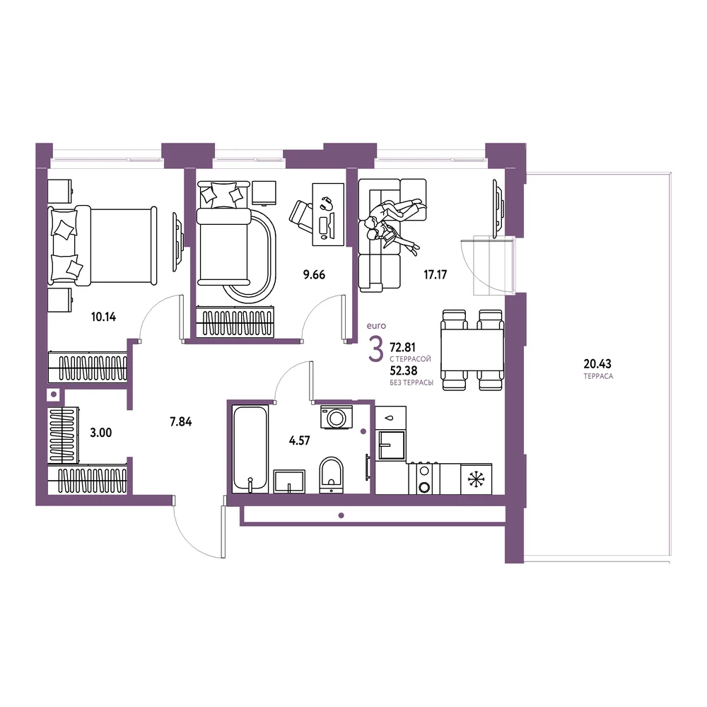 Планировка: Домашний 3-комнатная 72,81м²