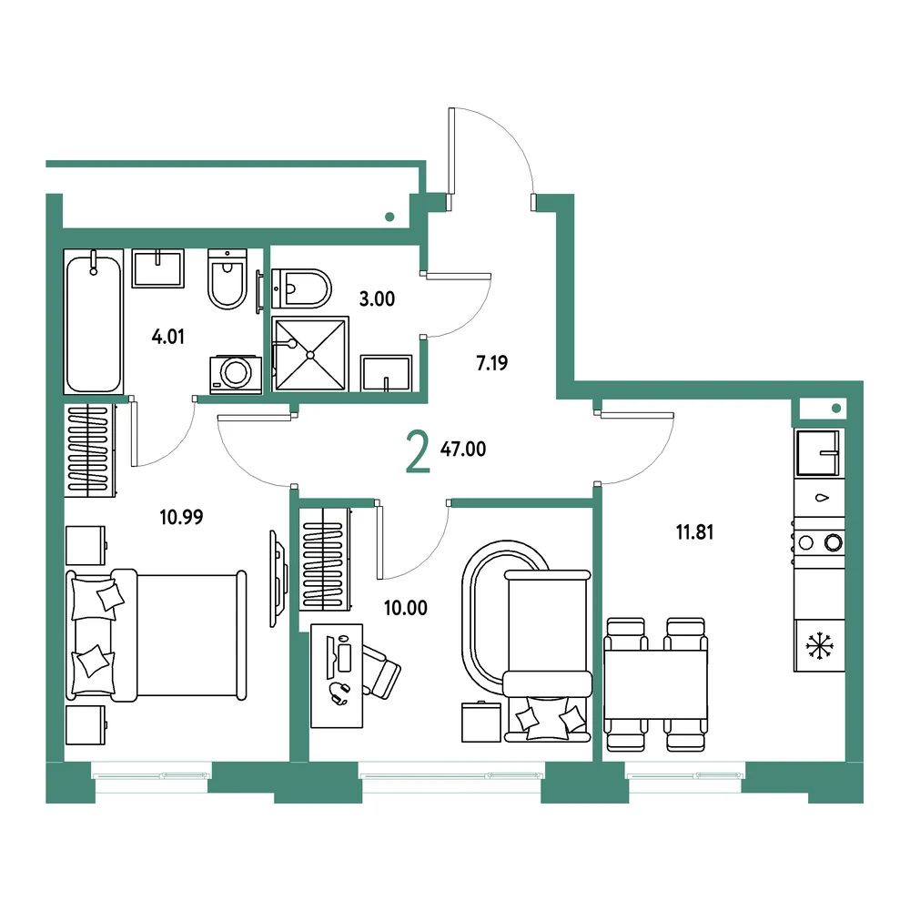 Планировка: Домашний 2-комнатная 47,00м²