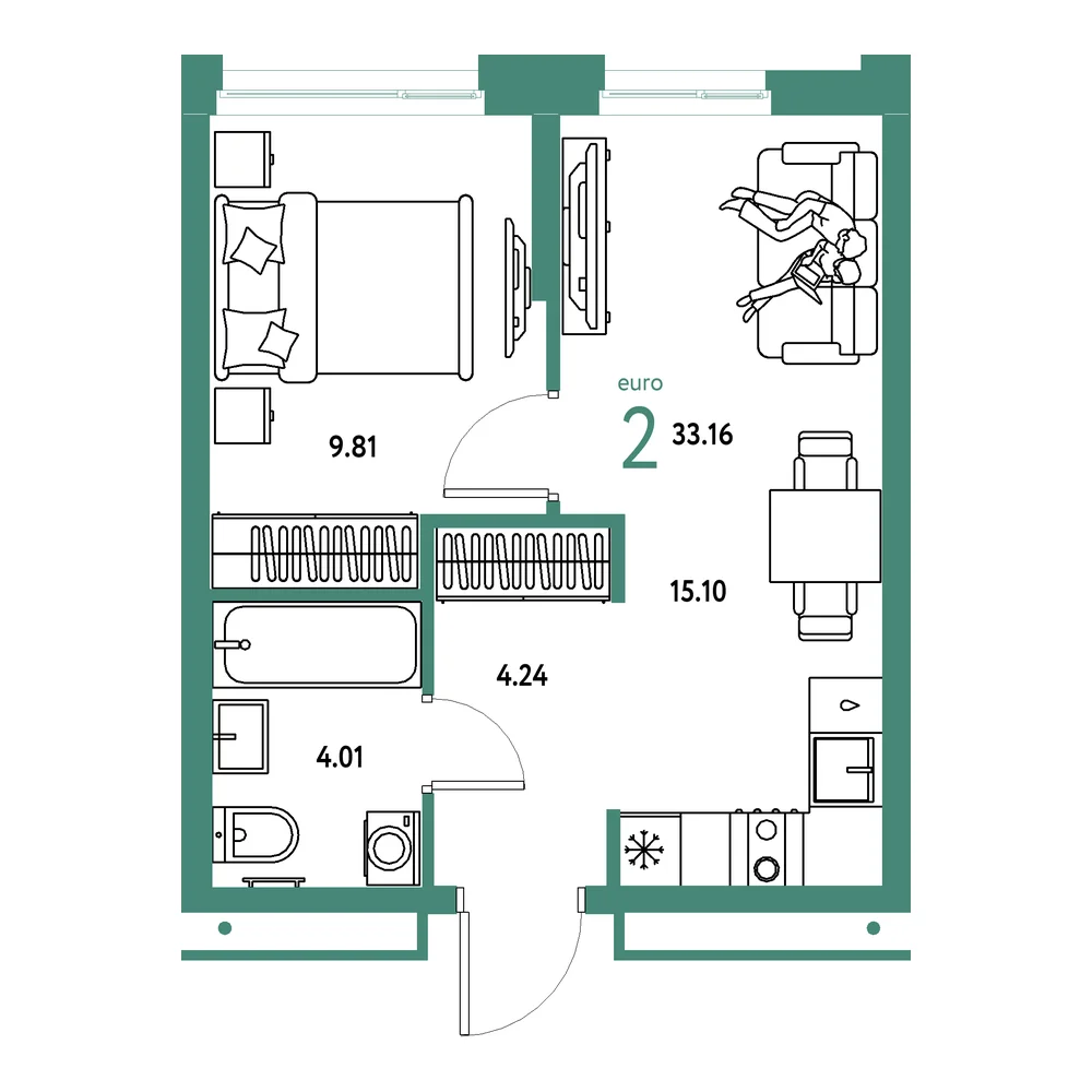 Планировка: Домашний 2-комнатная 33,16м²